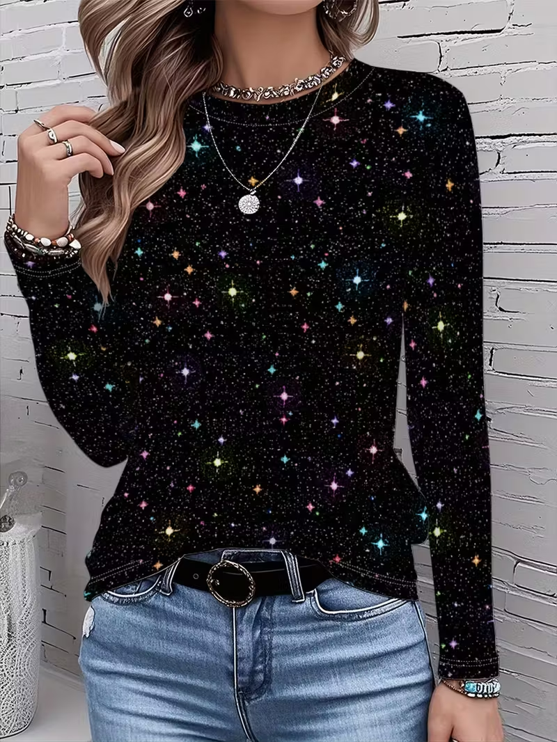 Women's Long Sleeve T-shirt Spring/Fall Black Christmas Printing Jersey Crew Neck Daily Going Out Casual Top