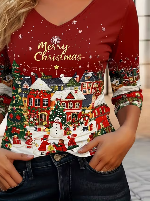 Women's Long Sleeve T-shirt Spring/Fall Red Christmas Snowman Printing Jersey V Neck Daily Going Out Casual Top