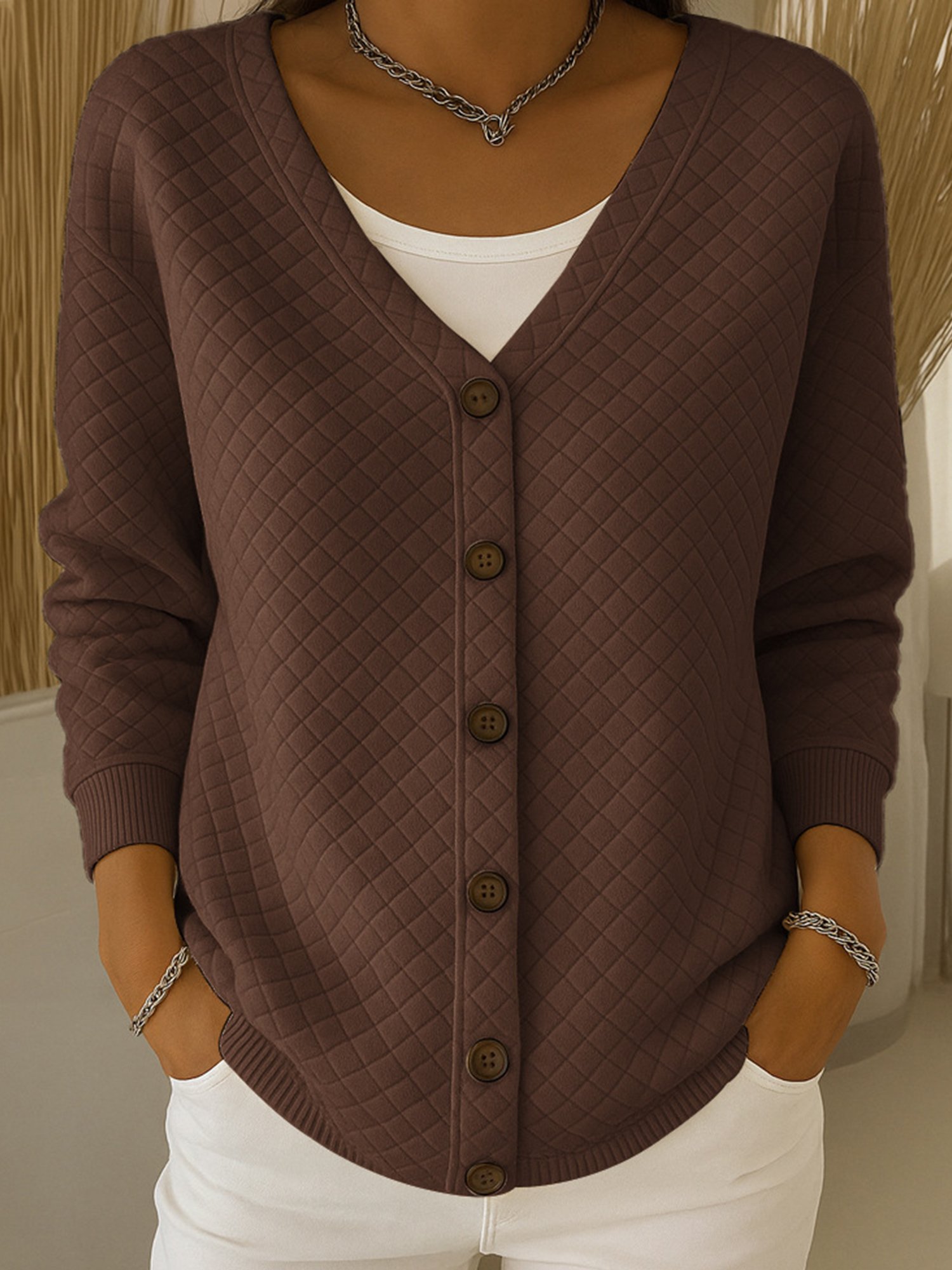 Casual Plain V Neck Jacket