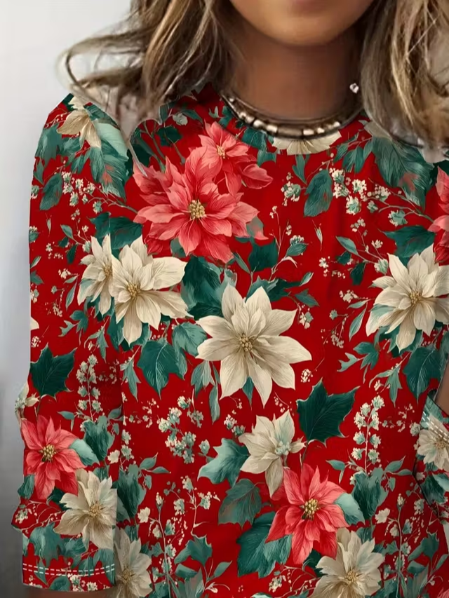 Women's Long Sleeve T-shirt Spring/Fall Red Floral Printing Jersey Crew Neck Daily Going Out Casual Top