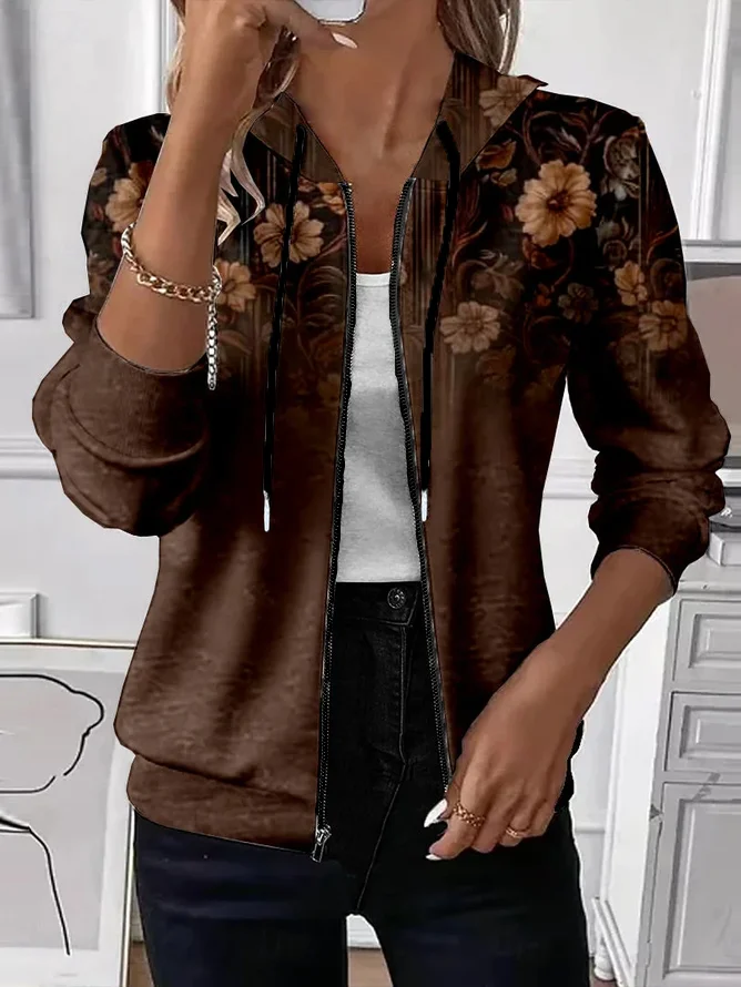 Women's Floral Print Casual Hooded Sweatshirt Jacket