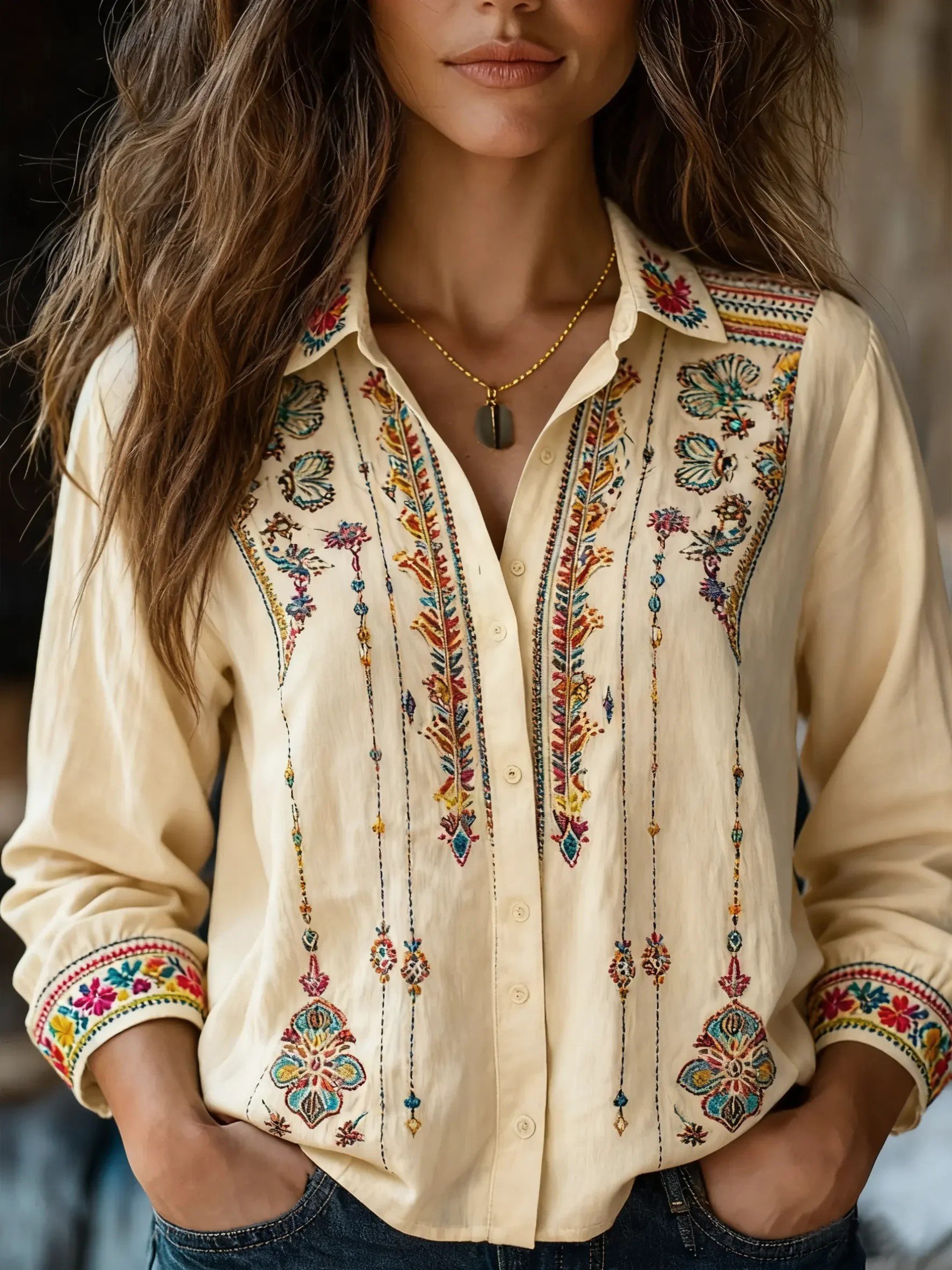 Geometric Shawl Collar Casual Loose Shirt