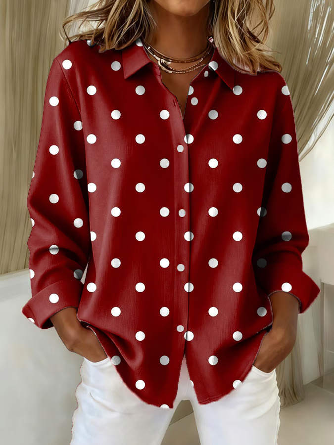 Women's Long Sleeve Shirt Spring/Fall Red Polka Dots Buckle Shirt Collar Regular Sleeve Daily Going Out Casual Top
