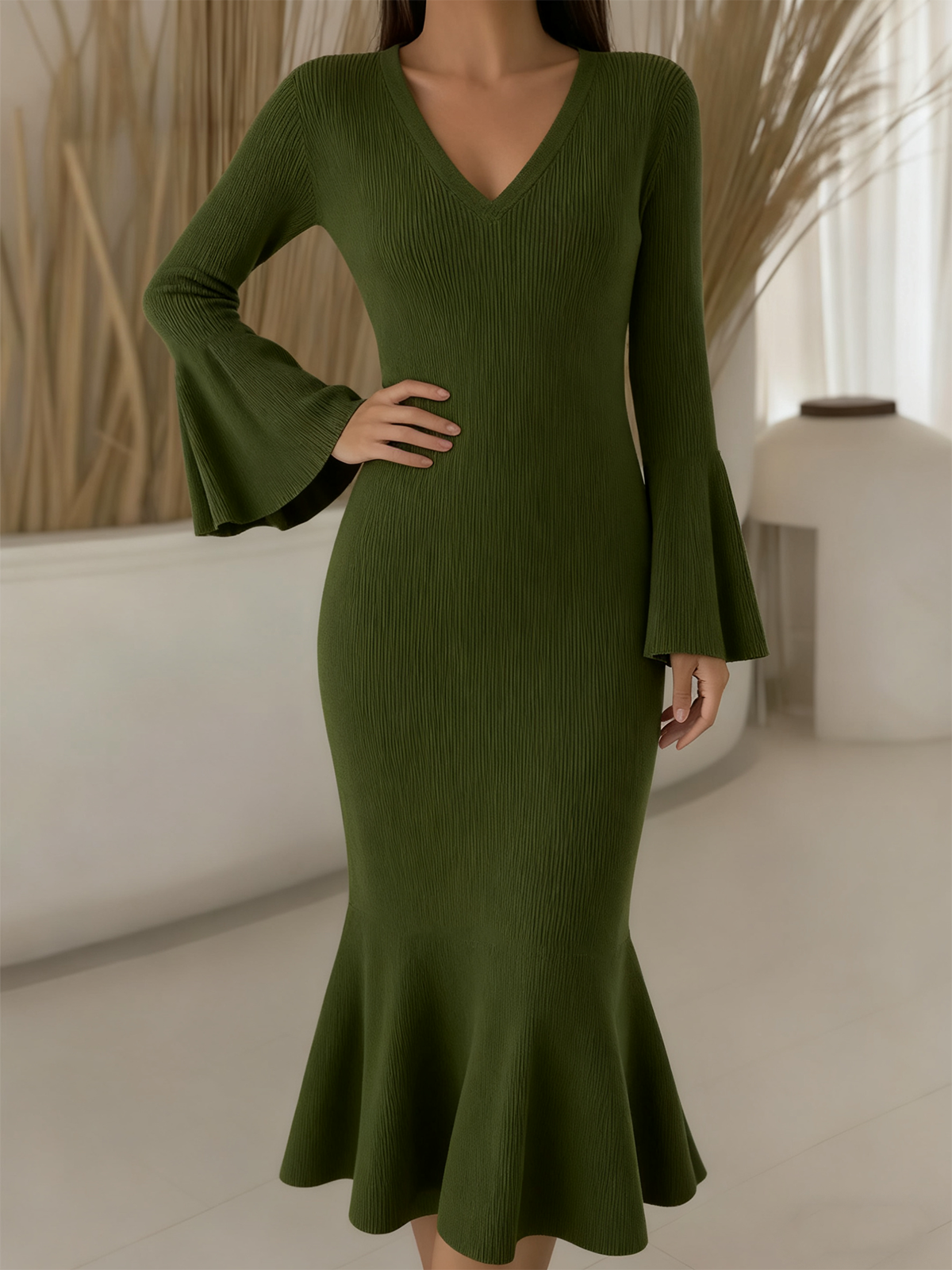 V Neck Sexy Knitted Sweater Dress With No
