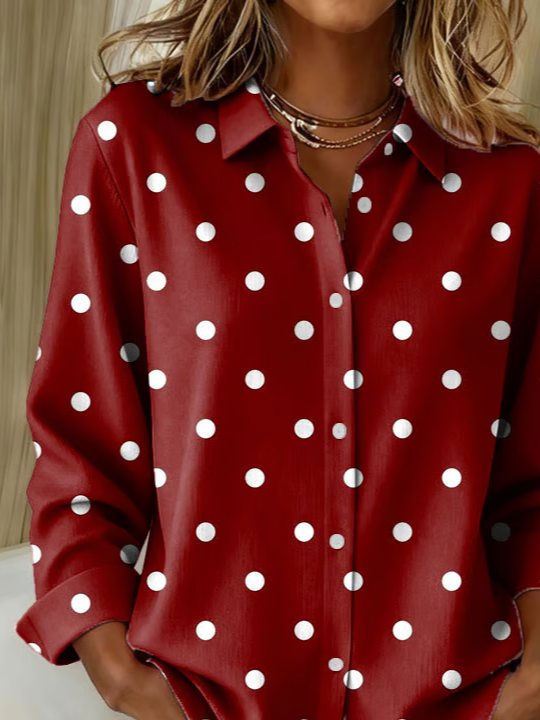 Women's Long Sleeve Shirt Spring/Fall Red Polka Dots Buckle Shirt Collar Regular Sleeve Daily Going Out Casual Top