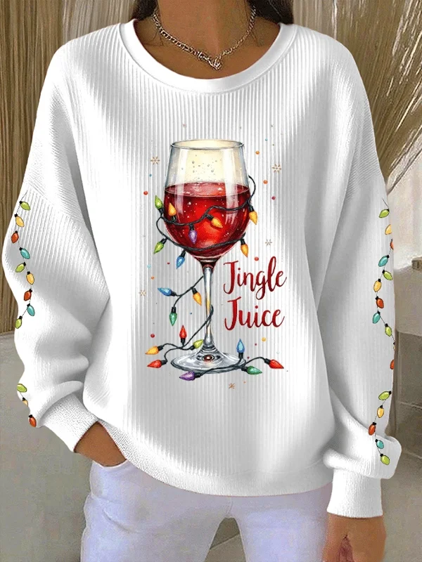 Casual Crew Neck Christmas Wine Glass Printing Sweatshirt