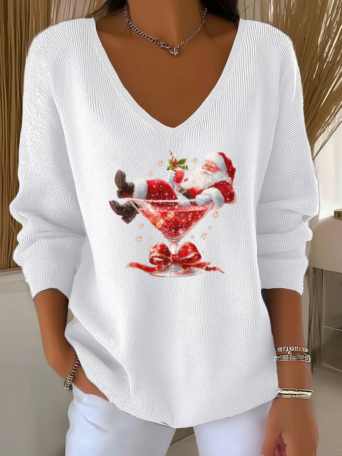 Women's Long Sleeve T-shirt Spring/Fall Red Christmas Printing V Neck Daily Going Out Casual Top