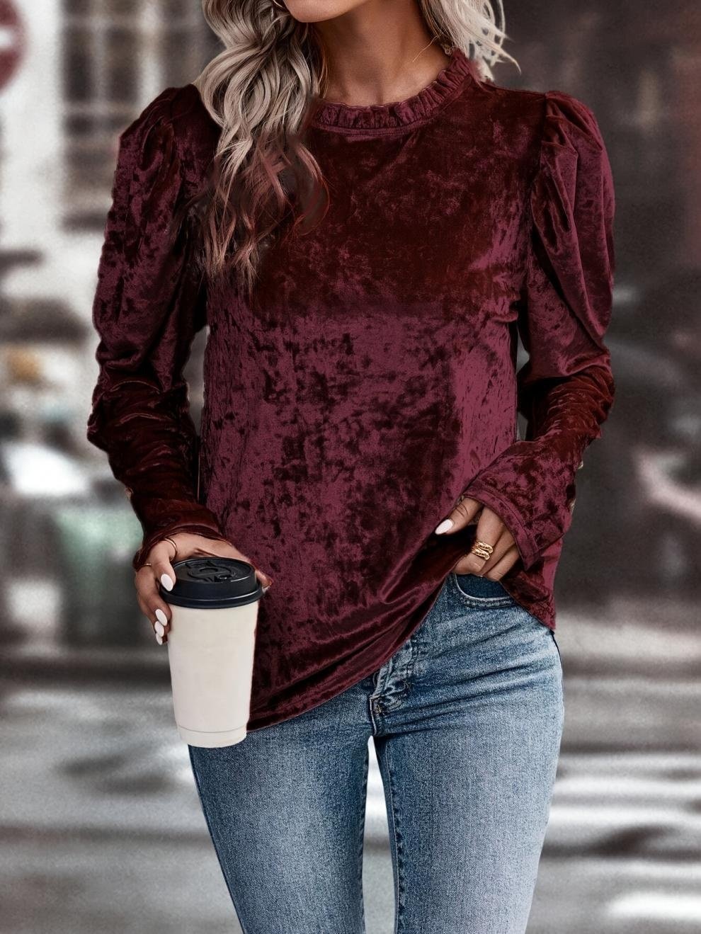 Women's Long Sleeve T-shirt Spring/Fall Wine Red Plain Split Joint Crew Neck Puff Sleeve Daily Going Out Vintage Top