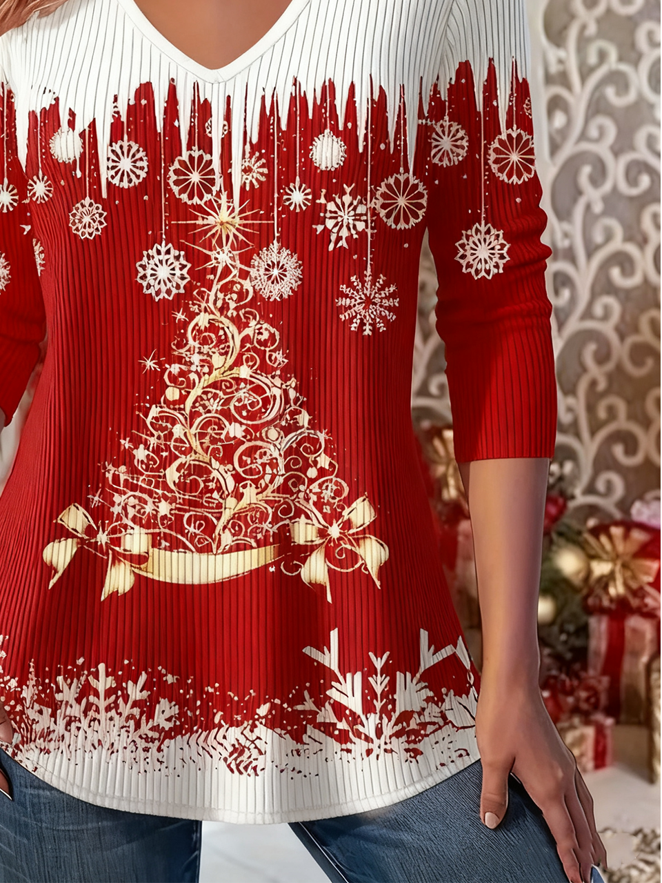 Christmas Simple Loose V Neck Knit Top