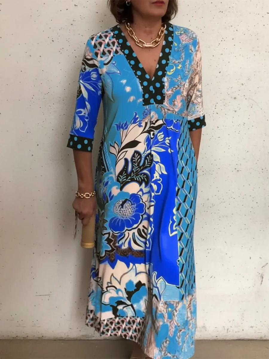 V Neck Loose Multicolor Block Boho Dress With No