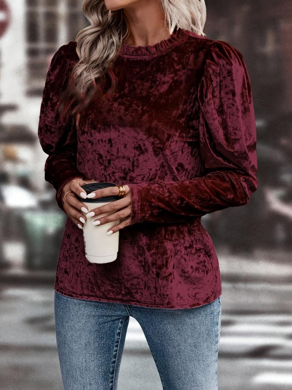 Women's Long Sleeve T-shirt Spring/Fall Wine Red Plain Split Joint Crew Neck Puff Sleeve Daily Going Out Vintage Top
