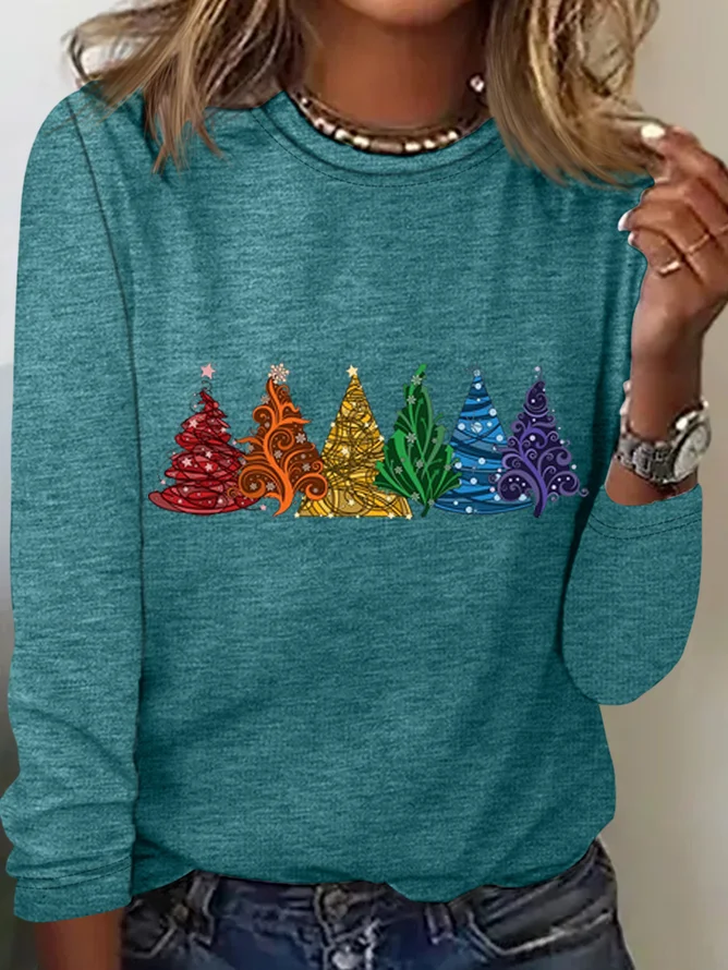 Women's Christmas Tree Cotton-Blend Crew Neck Casual Long Sleeve Shirt