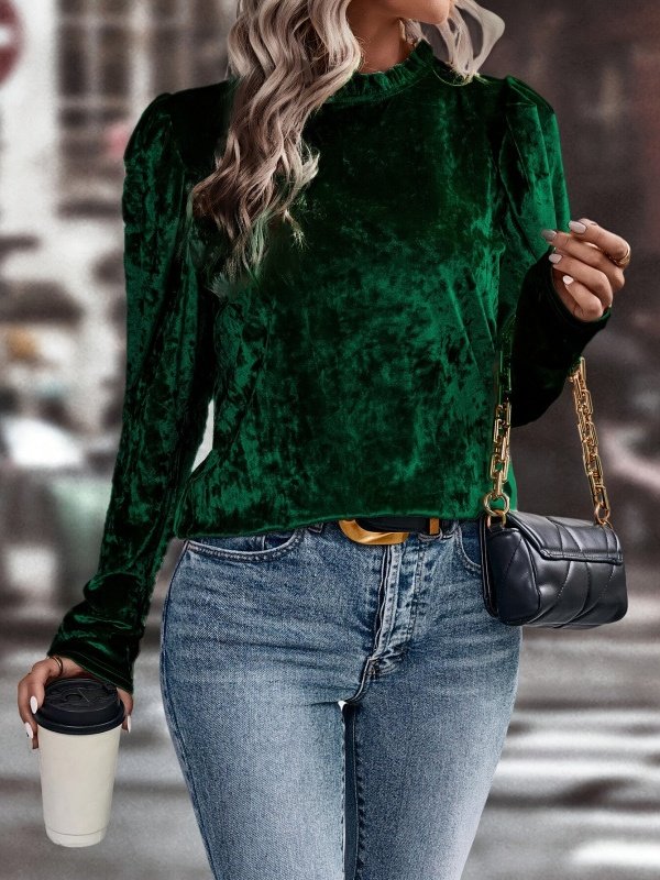 Women's Long Sleeve T-shirt Spring/Fall Wine Red Plain Split Joint Crew Neck Puff Sleeve Daily Going Out Vintage Top