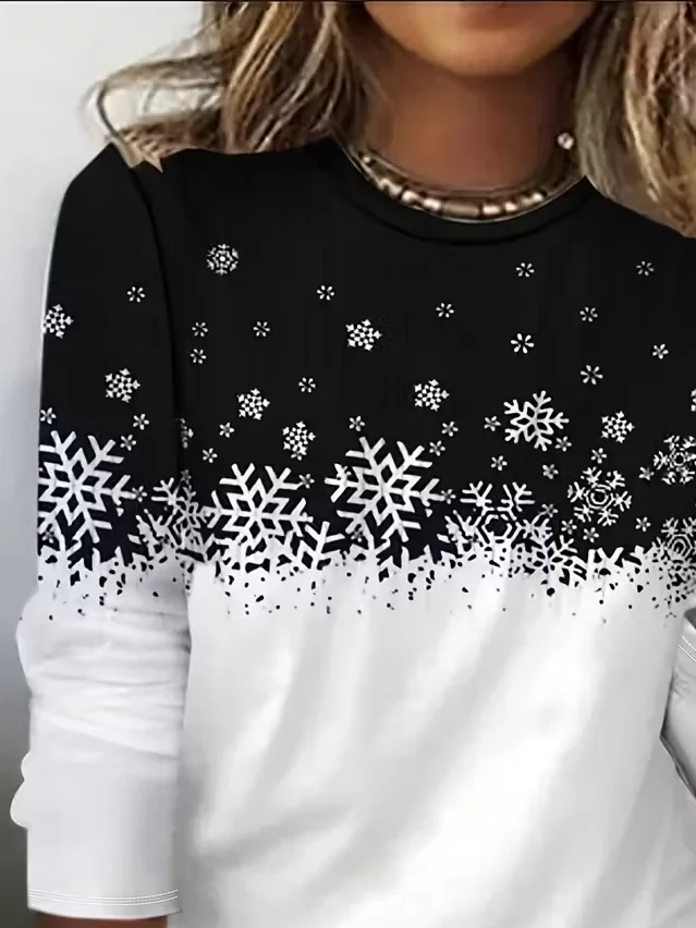 Women's Long Sleeve T-shirt Spring/Fall Black-white Christmas Printing Jersey Crew Neck Daily Going Out Casual Top