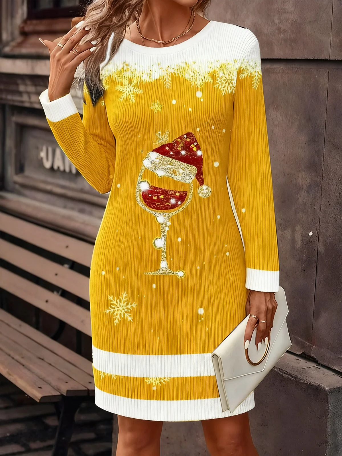 Fluff/Granular Fleece Fabric Christmas Casual Crew Neck Sweater Dress With No