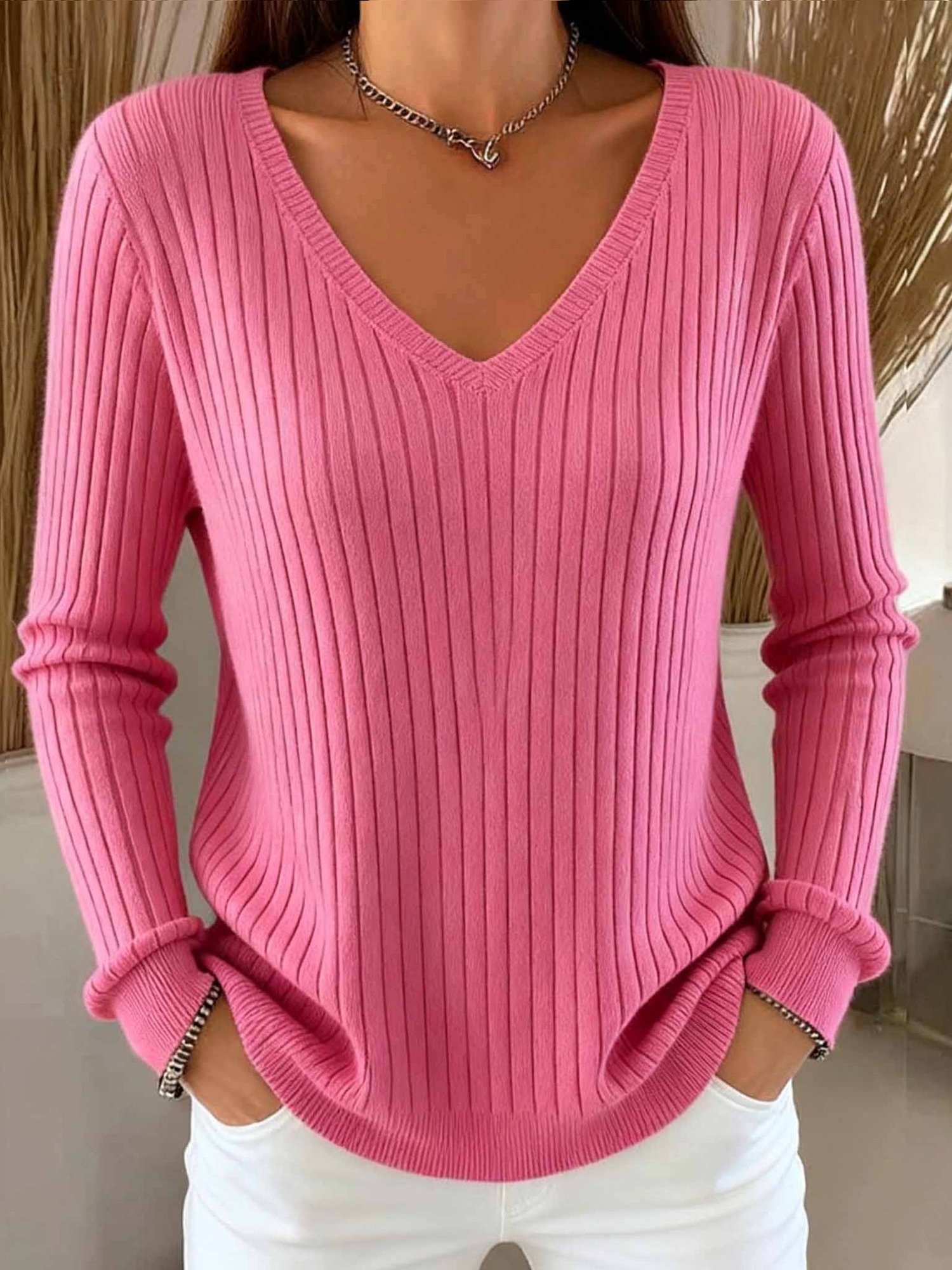 Casual Plain V Neck Sweater