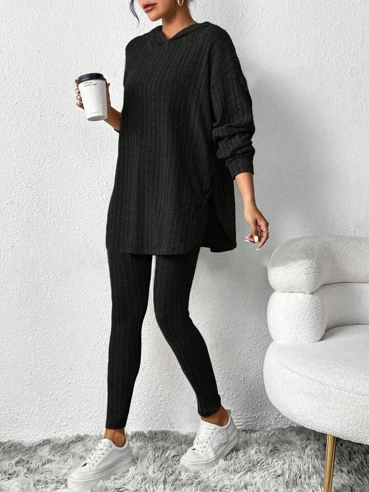 Women's Embossed Plain Daily Going Out Two-Piece Set Black Casual Spring/Fall Top With Pants Matching Set