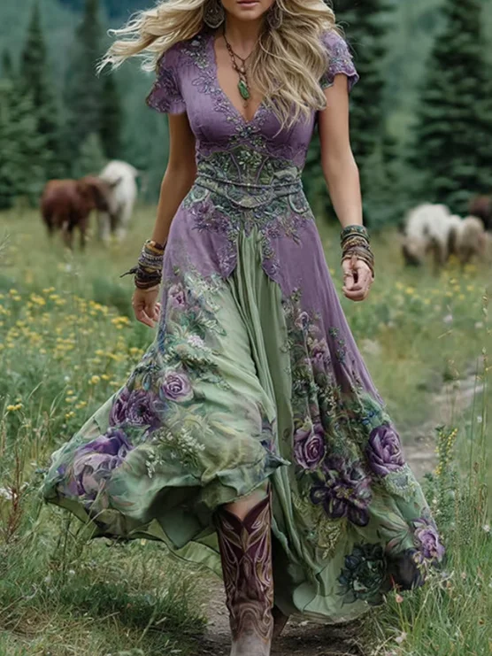 Casual V Neck Floral Regular Fit Dress With No