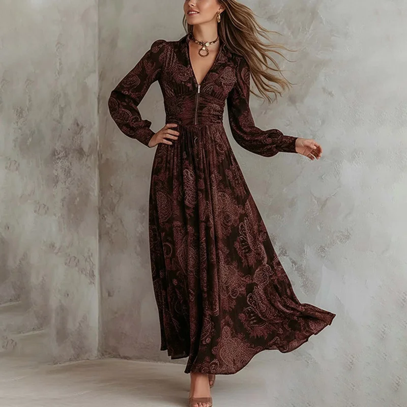 Retro Vacation Print Long-Sleeved V-Neck Fitted Waist Puff Sleeve Maxi Dress