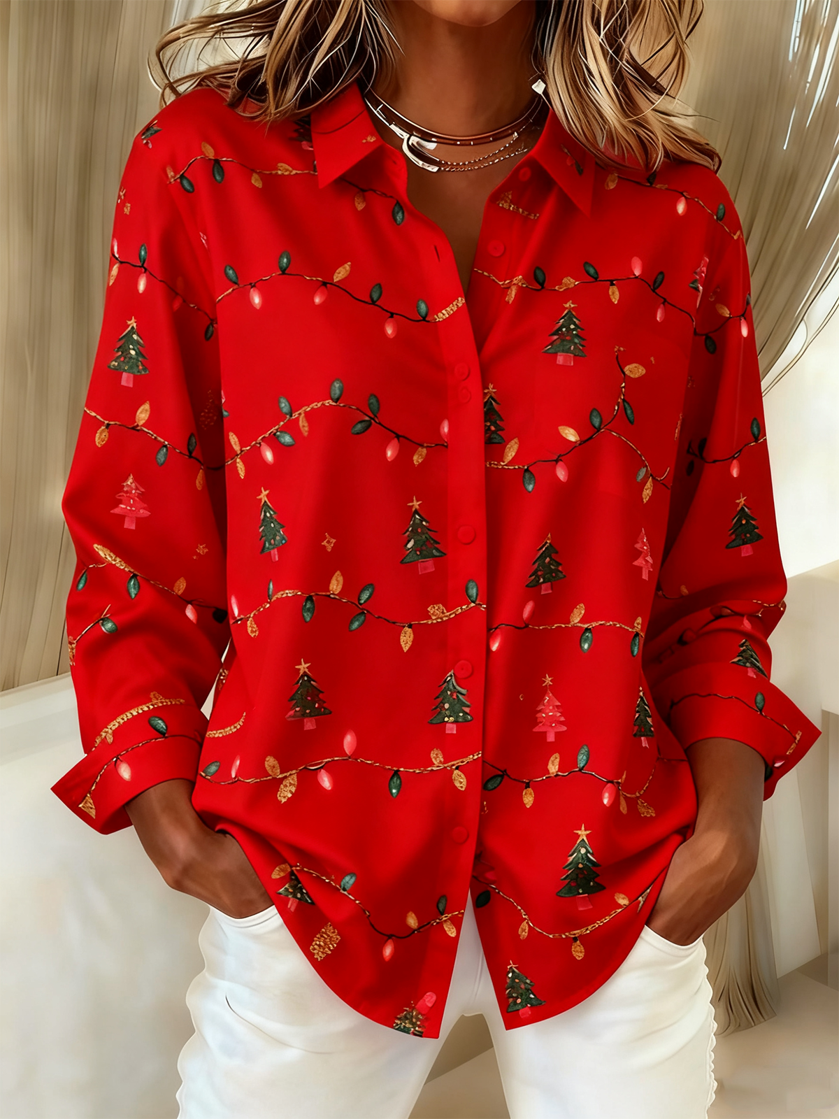 Christmas Vintage Loose Shawl Collar Shirt