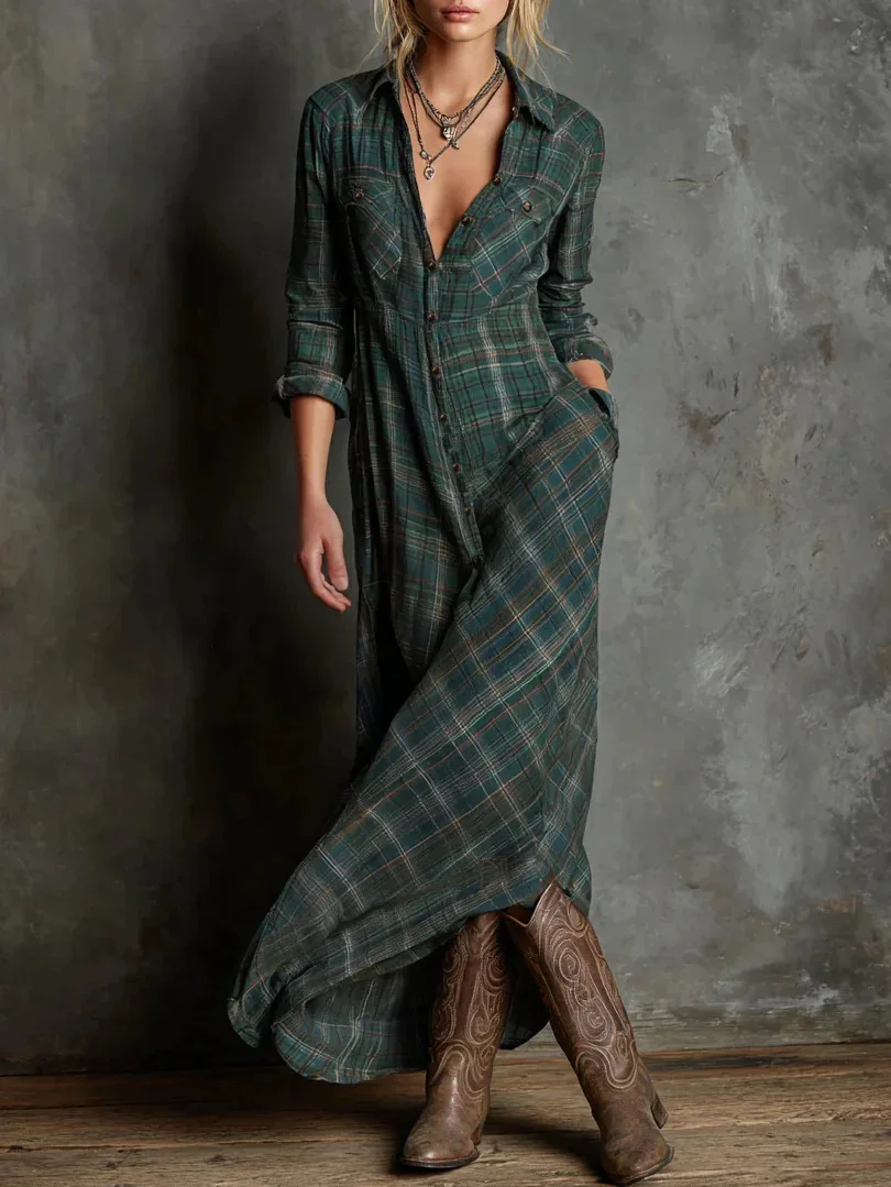 Plaid Shawl Collar Loose Vintage Shirt Dress With No