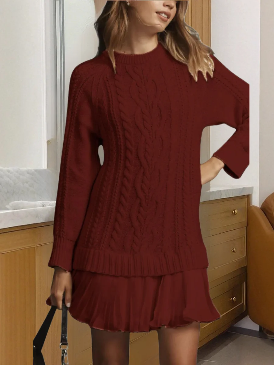 Women's Long Sleeve Autumn Pink Geometric Split Joint Crew Neck Daily Going Out Sexy Mini A-Line Sweater Dress