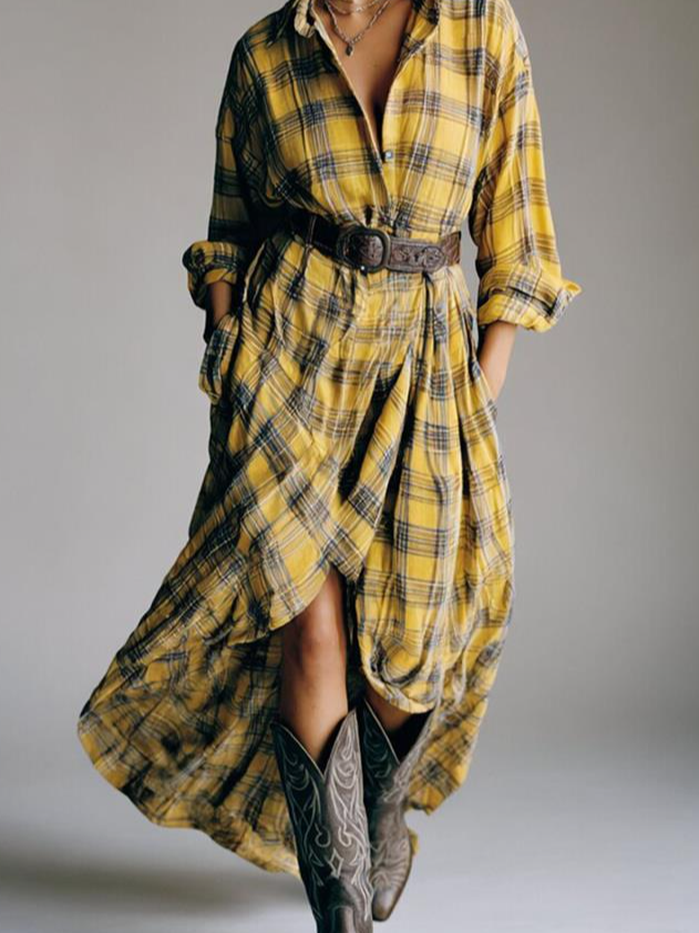 Casual Shawl Collar Plaid Loose Dress With Belt