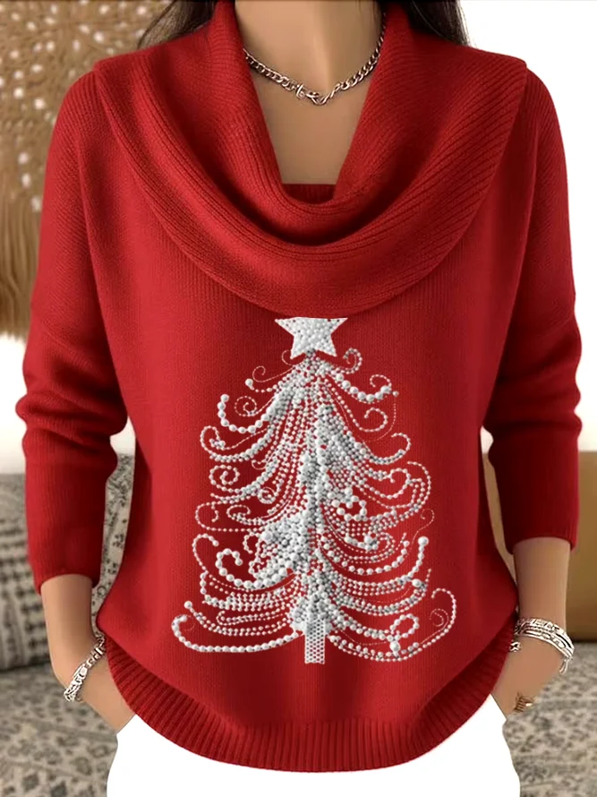 Christmas Cowl Neck Printing Casual Sweater