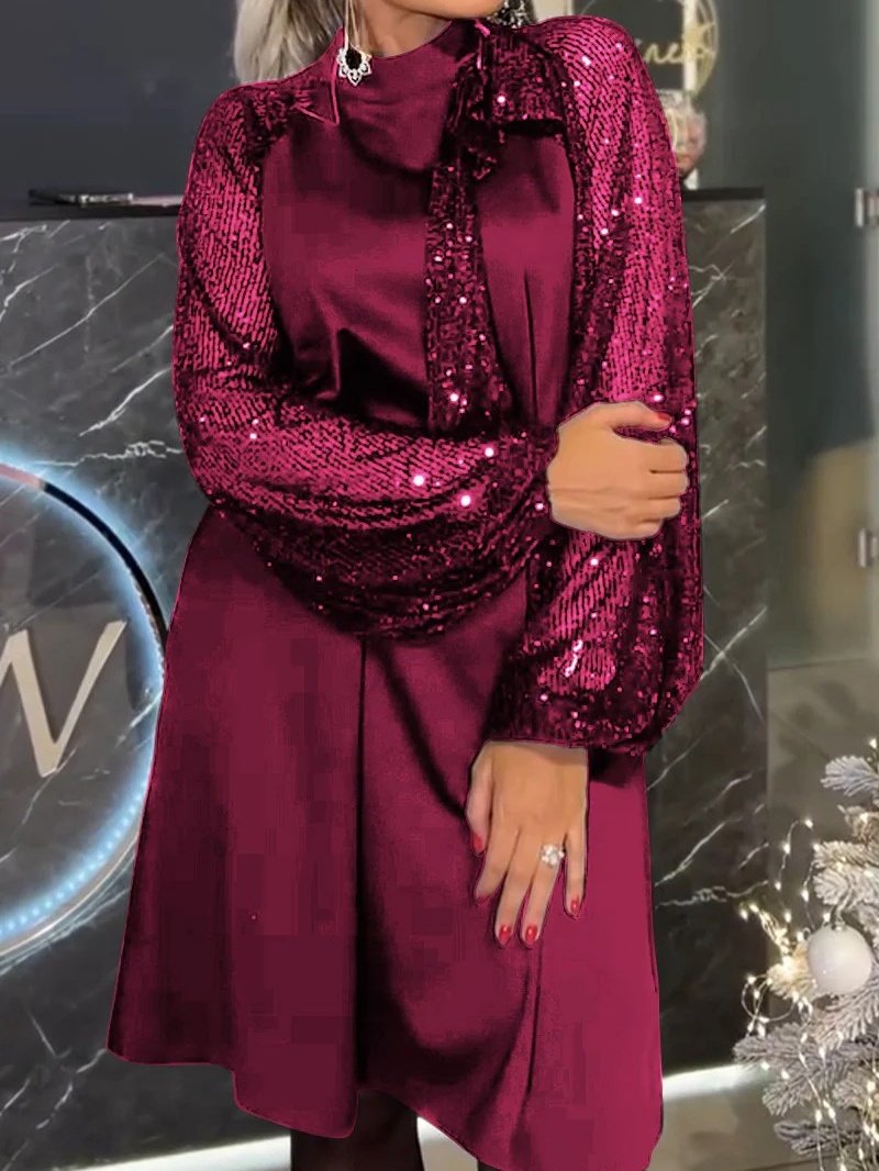 Women's Long Sleeve Spring/Fall Red Plain Split Joint Crew Neck Daily Going Out Vintage Midi A-Line Sequin Dress