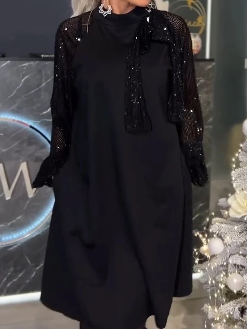 Women's Long Sleeve Spring/Fall Red Plain Split Joint Crew Neck Daily Going Out Vintage Midi A-Line Sequin Dress