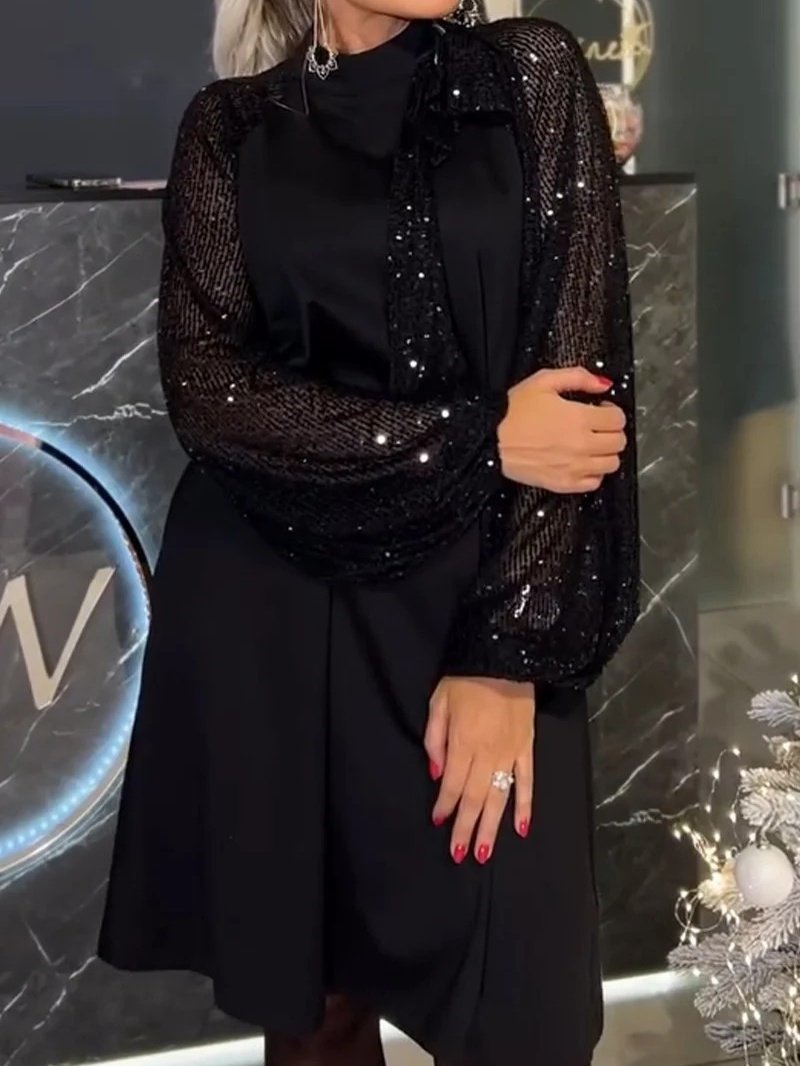 Women's Long Sleeve Spring/Fall Red Plain Split Joint Crew Neck Daily Going Out Vintage Midi A-Line Sequin Dress