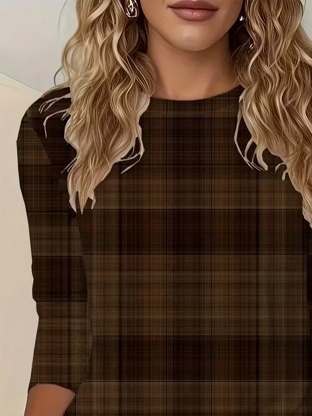 Women's Long Sleeve T-shirt Spring/Fall Brown Plaid Printing Jersey Crew Neck Daily Going Out Casual Top