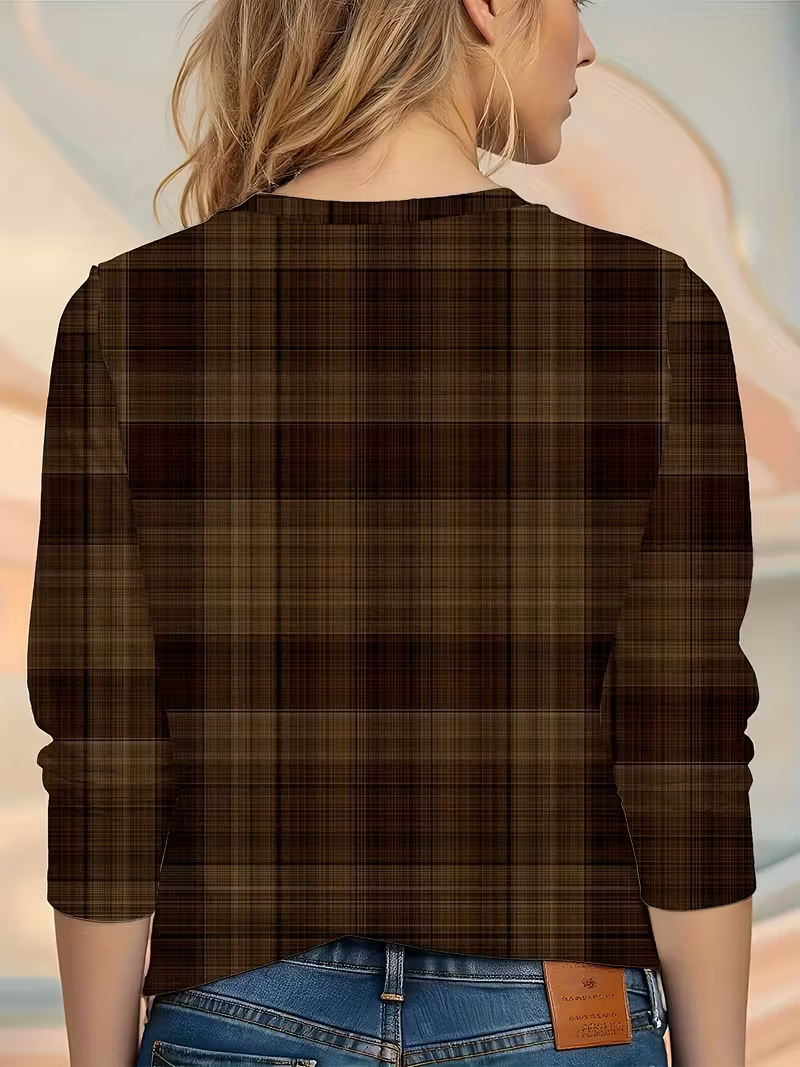 Women's Long Sleeve T-shirt Spring/Fall Brown Plaid Printing Jersey Crew Neck Daily Going Out Casual Top