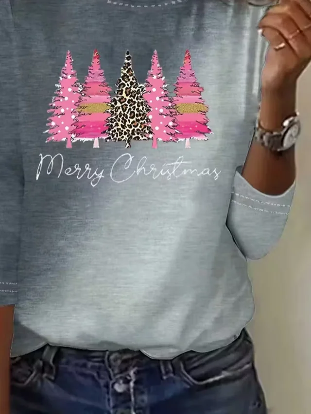 Women's Long Sleeve T-shirt Spring/Fall Gray Christmas Printing Jersey Crew Neck Daily Going Out Casual Top
