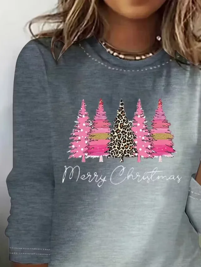 Women's Long Sleeve T-shirt Spring/Fall Gray Christmas Printing Jersey Crew Neck Daily Going Out Casual Top