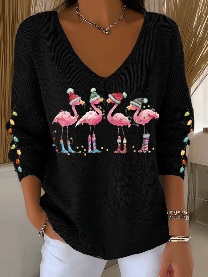 Women's Long Sleeve T-shirt Spring/Fall Pink Christmas Printing V Neck Daily Going Out Casual Top