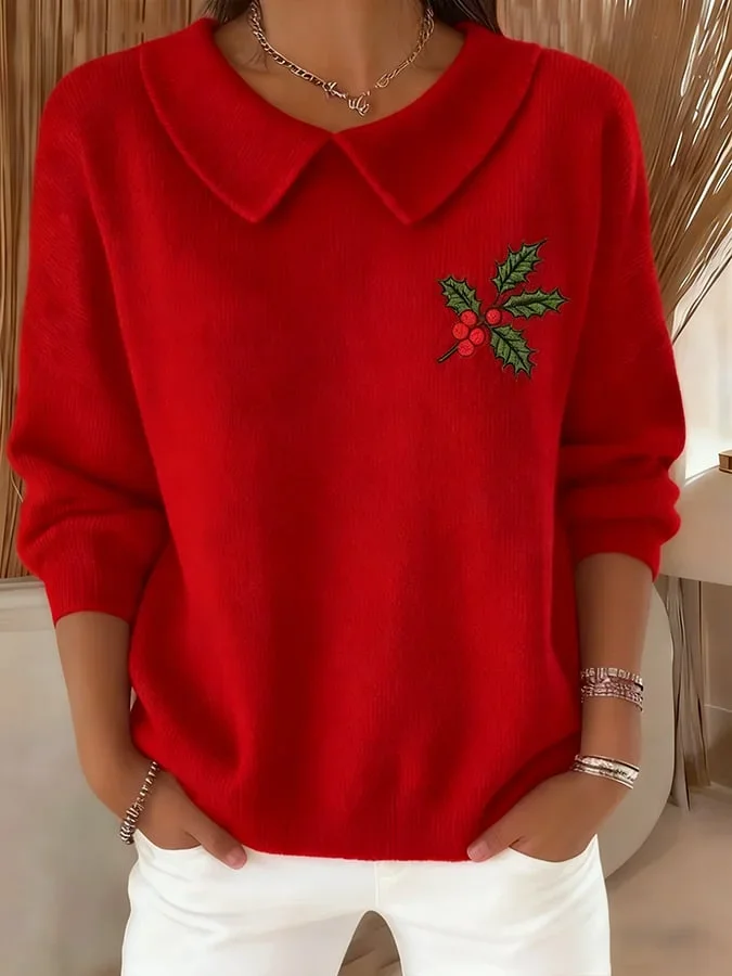 Women's Casual Christmas Print Lapel Classic Sweater