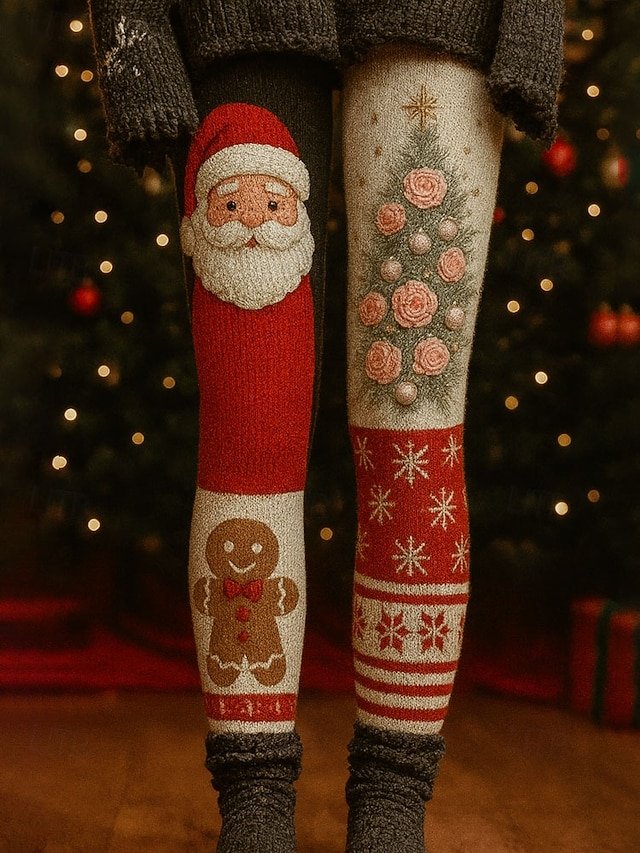 Tight Casual Christmas Tree Fluff/Granular Fleece Fabric Leggings