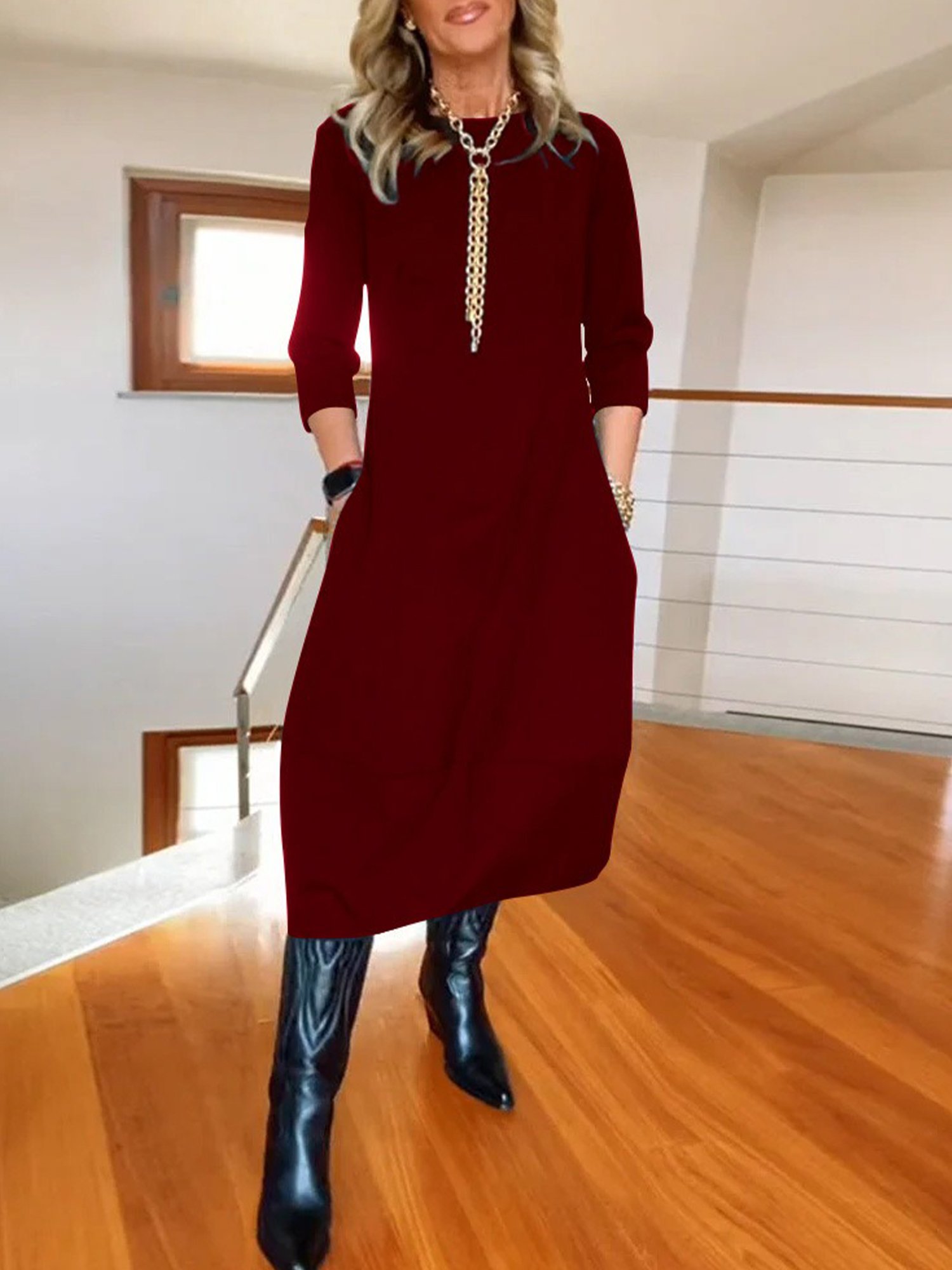 Casual Plain Crew Neck Midi Dress