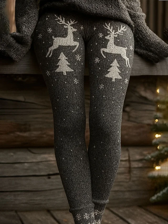 Tight Christmas Fluff/Granular Fleece Fabric Vintage Leggings