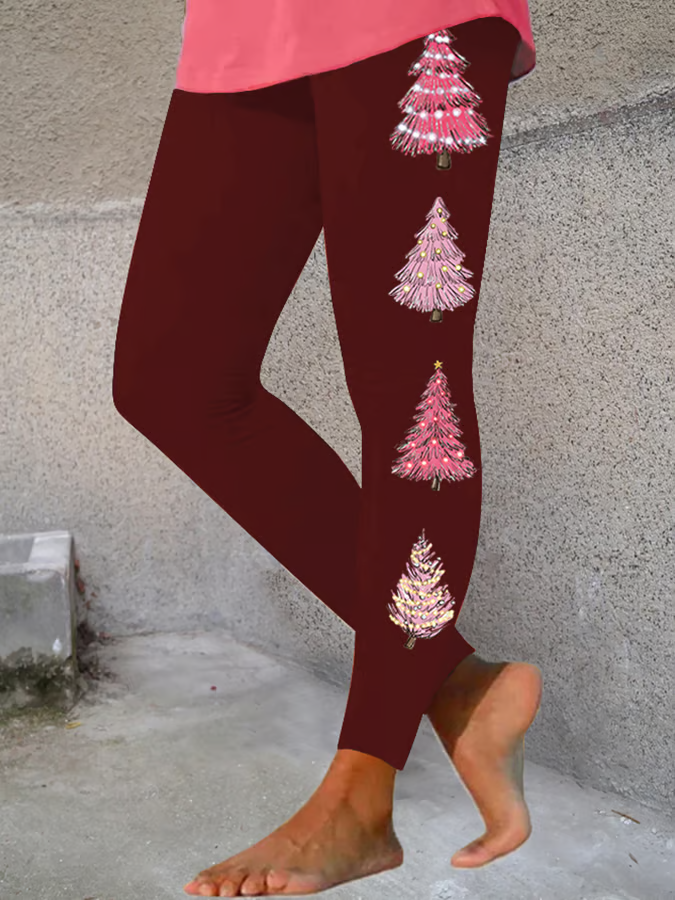 Casual Jersey Christmas Tree Printing Leggings