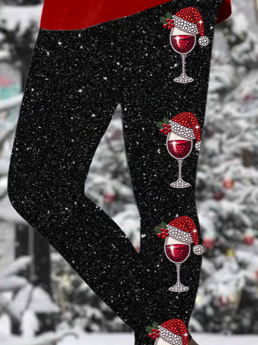 Printing Christmas Wine Glass Casual Tight Leggings