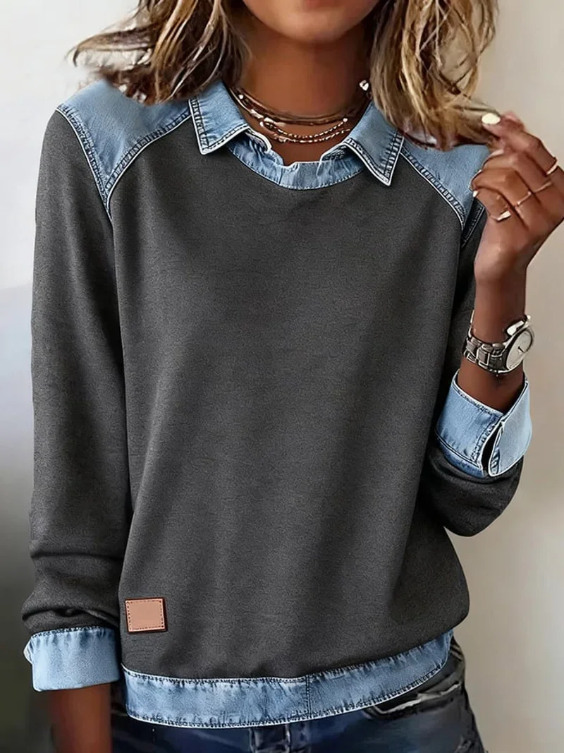 Women'S Casual Lapel Denim Stitching Pullover Sweatshirt