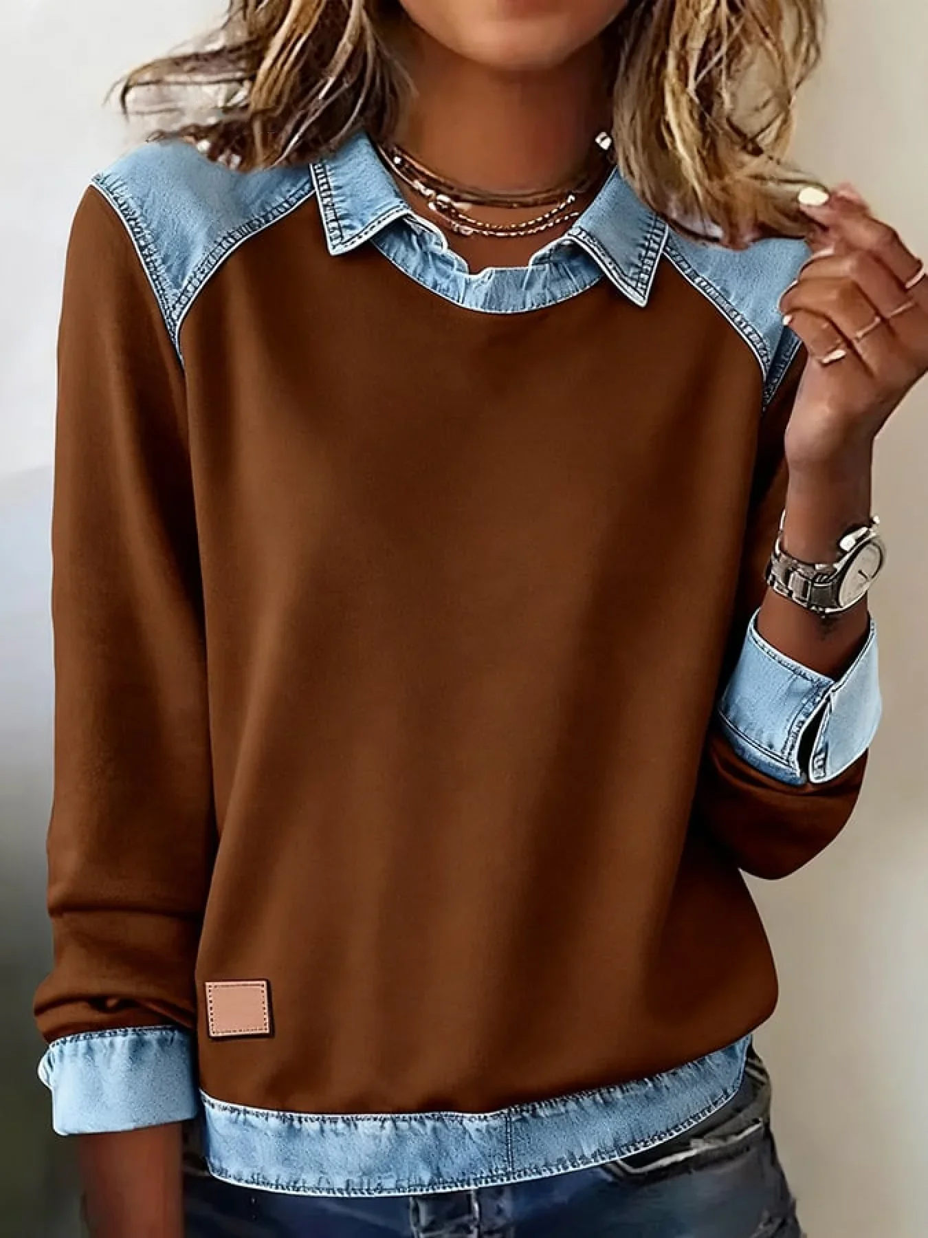 Women'S Casual Lapel Denim Stitching Pullover Sweatshirt