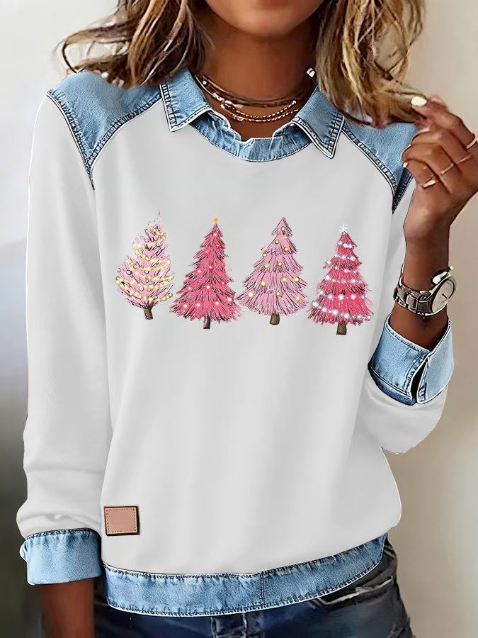 Women's Casual Christmas Printed Collared Denim Patchwork Sweatshirt