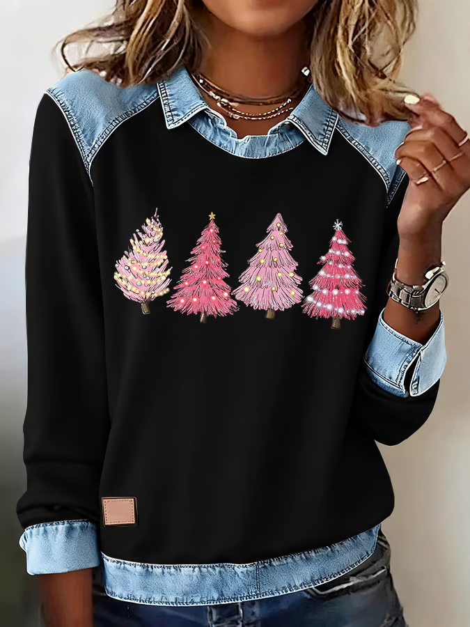 Women's Casual Christmas Printed Collared Denim Patchwork Sweatshirt