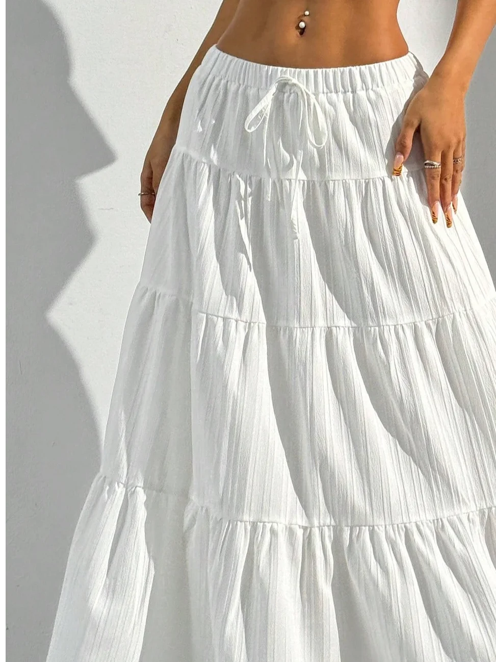 Solid Color Midi Skirt With Elastic Waist And Tie Full Skirt Loose And Long