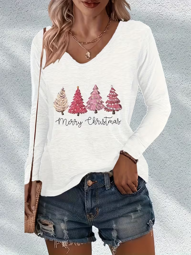 Women's Long Sleeve T-shirt Spring/Fall Pink Christmas Printing Jersey V Neck Daily Going Out Casual Top