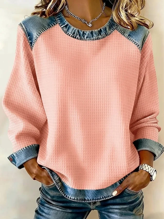 Women's Casual Crew Neck Denim Patchwork Pullover Sweatshirt