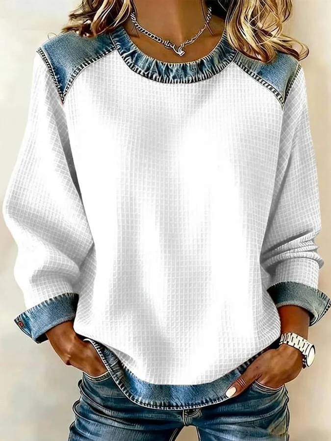 Women's Casual Crew Neck Denim Patchwork Pullover Sweatshirt
